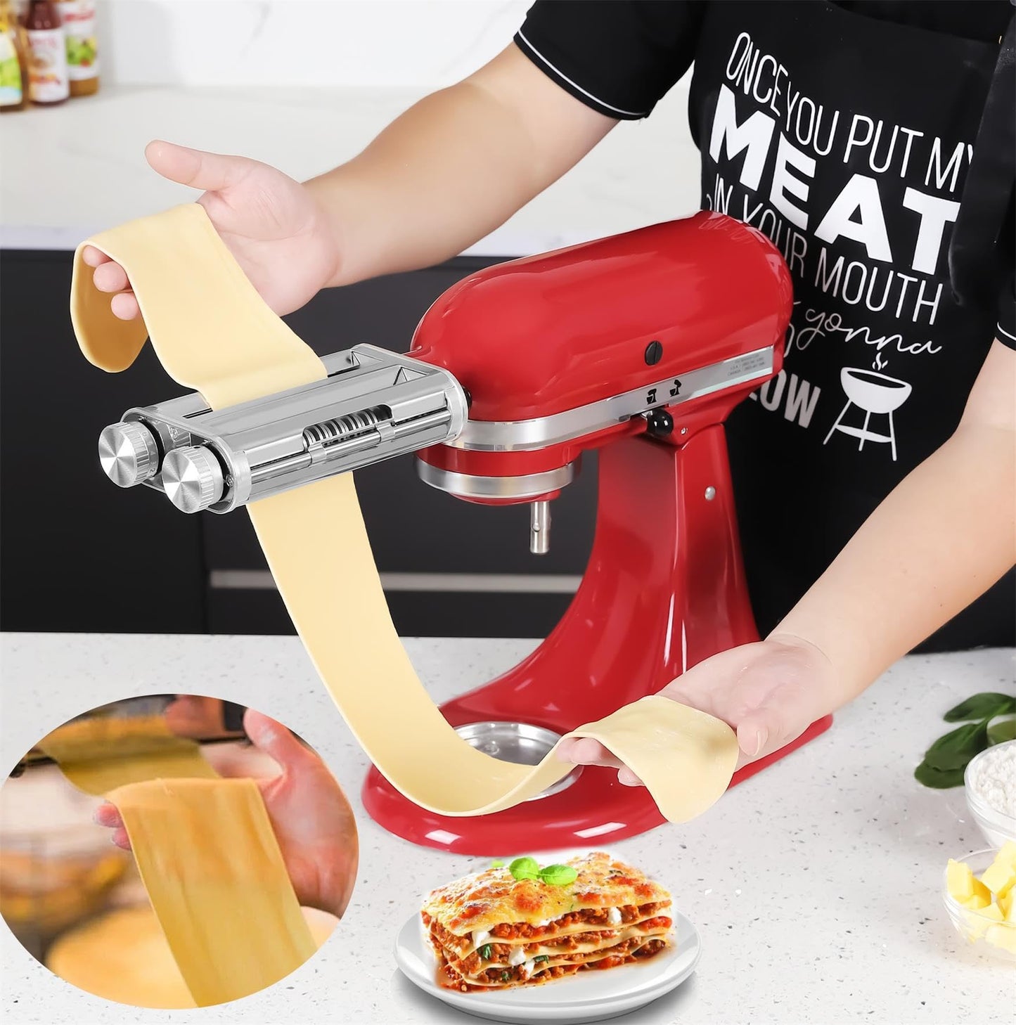 FavorKit 3 in 1 Pasta Maker Attachment Set for KitchenAid Mixers Plus Hub Knob Screw Accessory Included Dough Sheet Roller, Noodle Spaghetti & Fettuccine Cutters-Unique Design