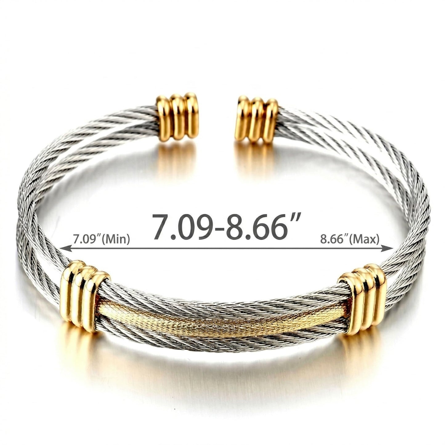 COOLSTEELANDBEYOND Two-Tone Twisted Cable Cuff Bracelet for Men Women, 316L Stainless Steel Silver Gold Bangle, Adjustable 7"–8.7" Wrist, Hypoallergenic, Comes in Gift Box