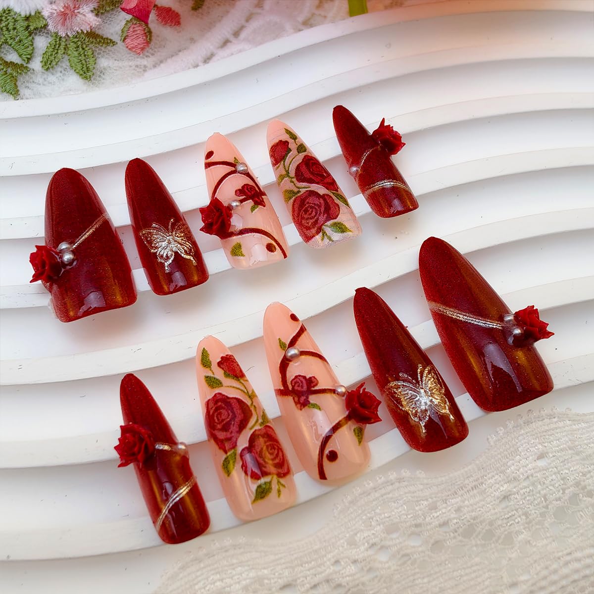 30Pcs Rose Flower Press on Nails Long Stiletto Fake Nails with 3D Pearls Rose Design Spring False Nails Silver Butterfly Glue on Nails Red Almond Acrylic Nails Floral Artificial Nails Decor for Women