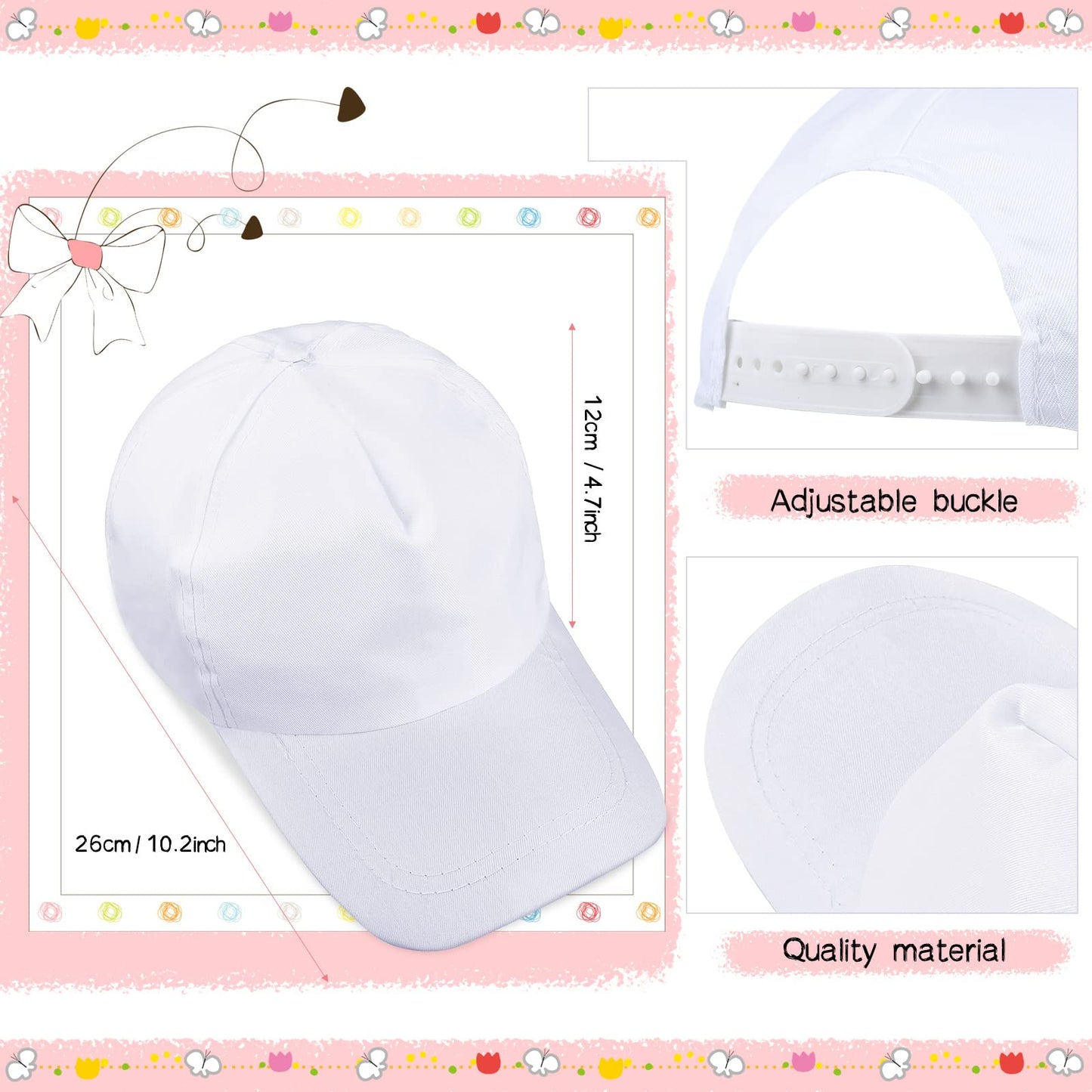 Xtinmee 50 Pieces White DIY Hats for Kids White Baseball Caps Adjustable Back Strap Blank Baseball Hats for Kids Class Project DIY Making, Painting, Hiking, Camp, Sport Outdoor Activities