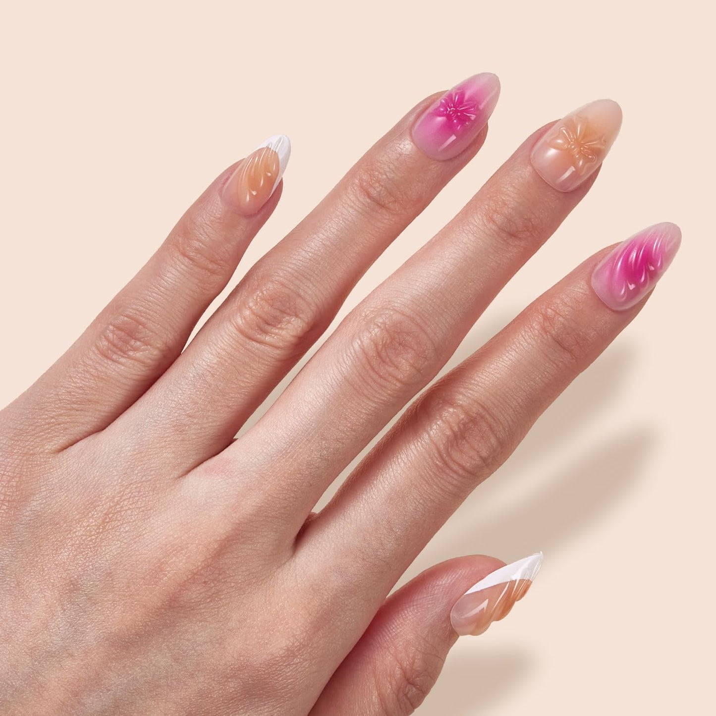 Short Almond Press-On Nails - 32 PCS French Tip Cream Finish Main Nails in 16 Sizes & 10 PCS Alternative Nails - Fake Nail Kit with UV Glue, Easy Tabs, Nail Glue，Remover & Nail Lamp