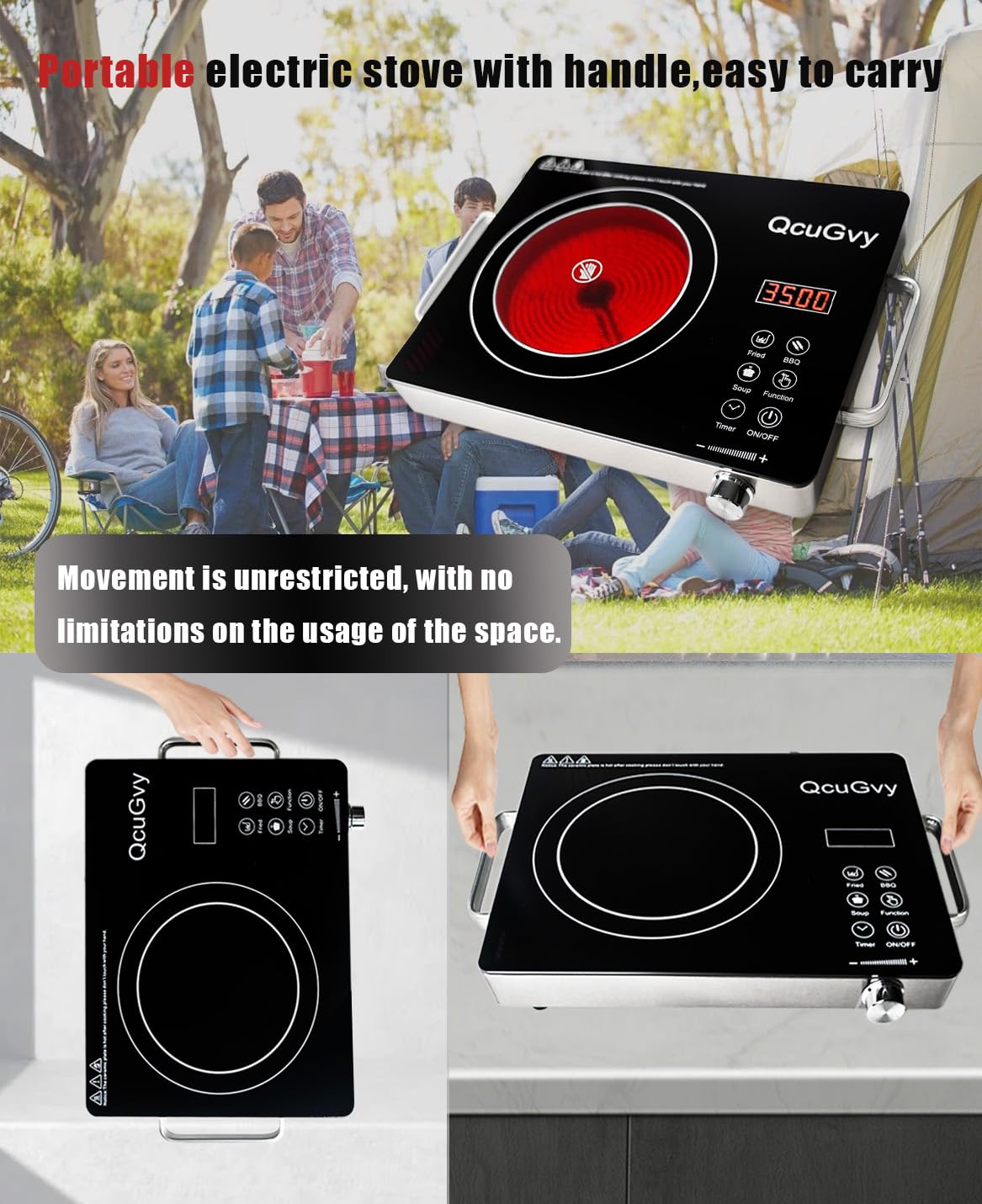 14" Portable Infrared Burner 3500 Electri Burner with 3 Hours Timer-Electric Hot Plate Touch Control Panel Adjustable Heating Power Glass Plate Electric Cooktop for Cooking (Black)