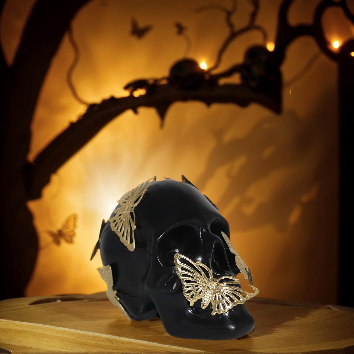 JOOMBE Black Skull Statue with Glod Butterfly,Halloween Decoration Home Decor Collectible Figurines (Small)