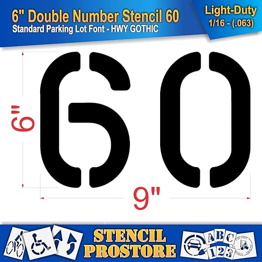 Pavement, Curb, and WheelStop Stencils - 6 inch Double Number Stencil - (60) - 6" x 9" x 1/16" (63 mil) - Light-Duty