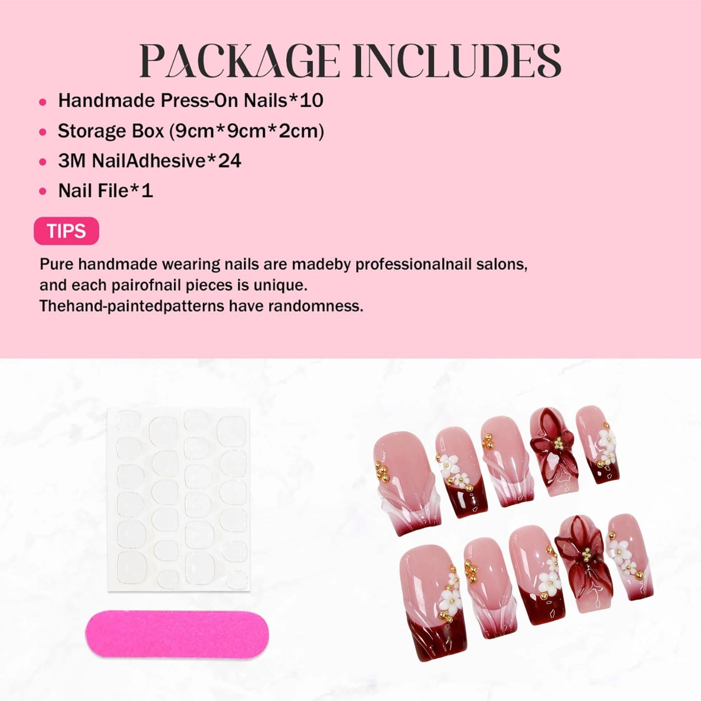 Handmade Press on Nails Red French Tip False Nails Medium Square Fake Nails with 3D Flower Designs Nails Press Ons Luxury Full Cover Muti-Layer Gel Stick on Nail for Women 10Pcs (Size M)