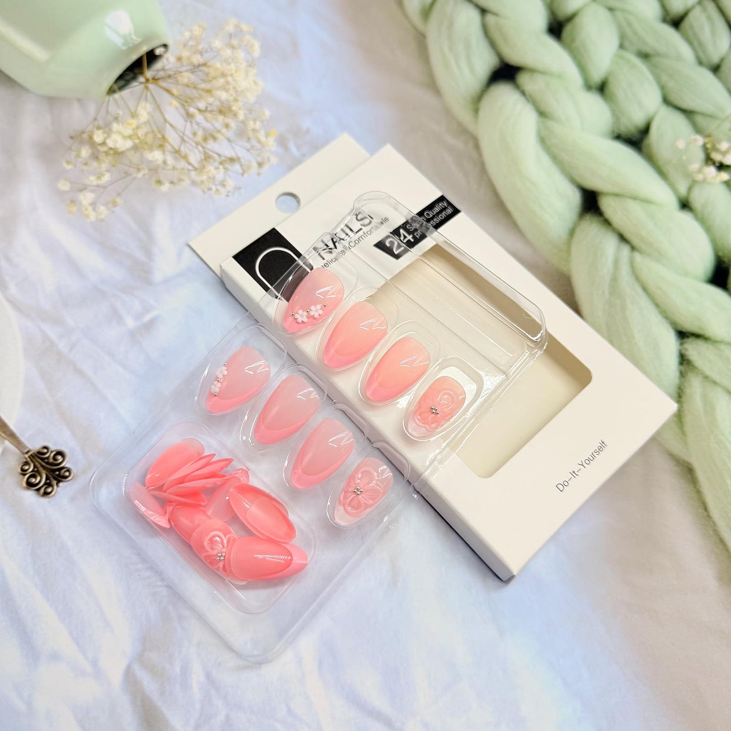 Spring Summer Press on Nails Almond Medium Fake Nails with Design Flower Stick on Nail Pink French Acrylic False Nail Cute Rhinestone Artificial Nail Glossy Full Cover Glue on Nails for Women