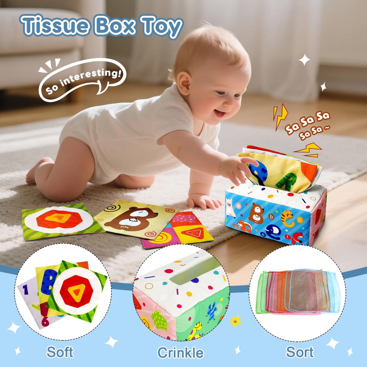 EPOGG 6 in 1 Montessori Toys for Babies 6-12 Months Up - Incl Pull String Toy, Stacking Cups, Tissue Box, Suction Cup Spinner, Stacking Blocks,Activity Cube, Baby Toys for 1 2 3 Year Old