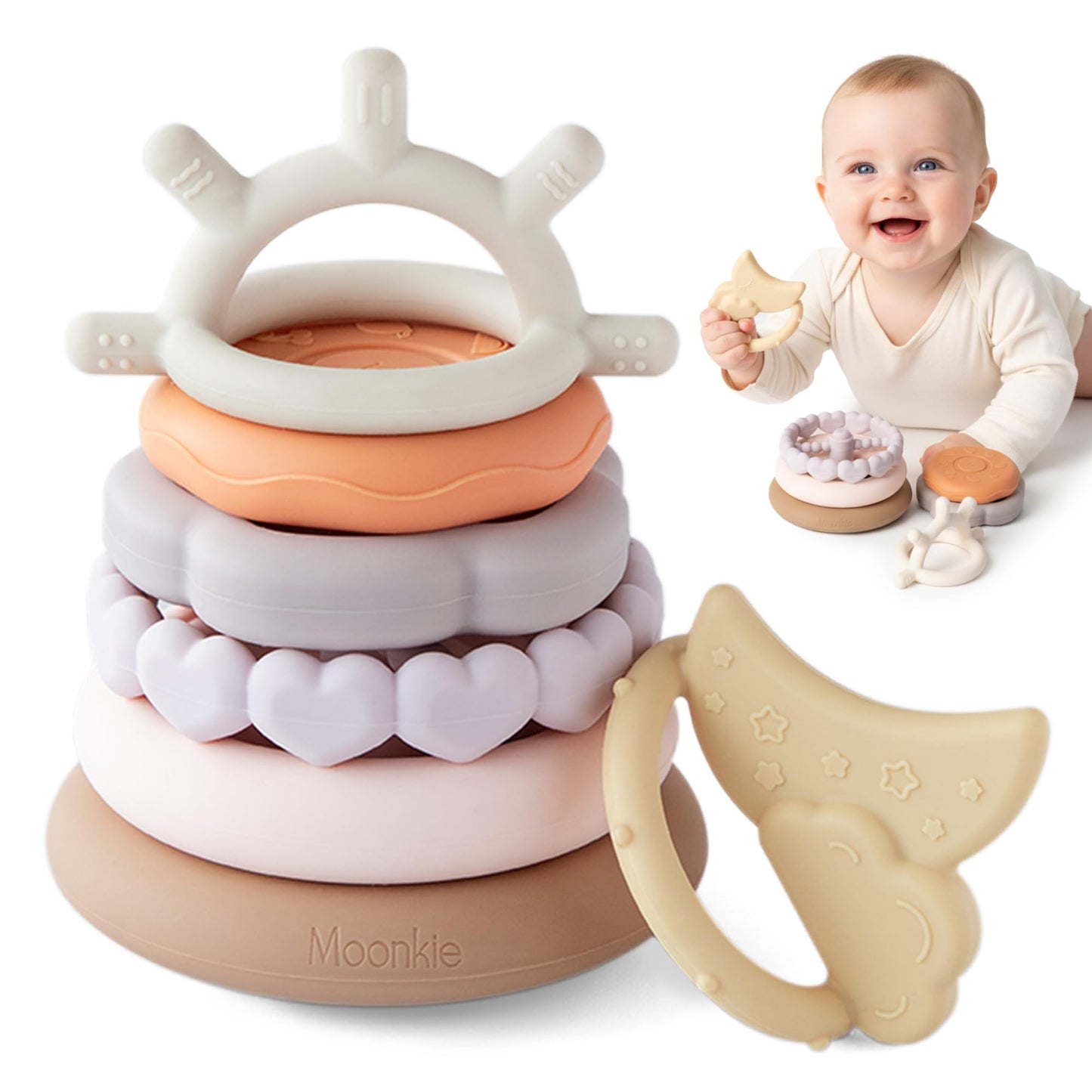 Moonkie Stacks of Circles Soft Teething Toy | Educational Learning Baby Toy | Stacking Ring Toys for Babies Boy and Girl | 7 Piece Teethers Set (Nature)