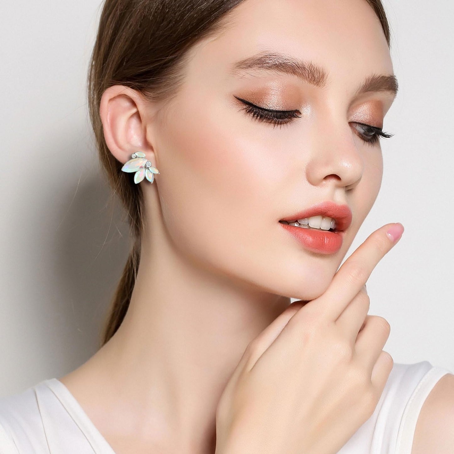 Iridescent Rhinestone Drop Earring Sparkly Wedding Earrings for Women Prom Party AB Faux Crystal Stud Earrings Silver-Tone