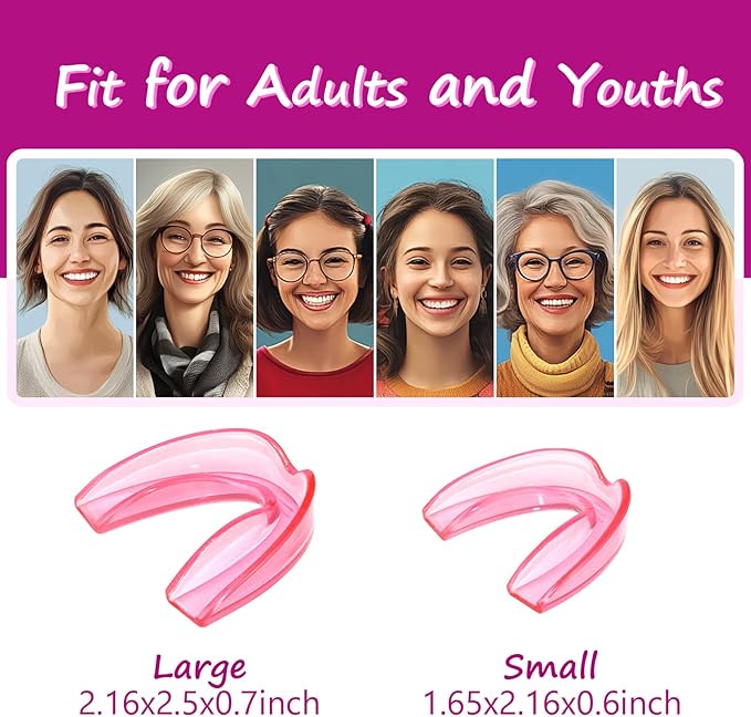 Mouth Guard for Grinding Teeth at Night, Moldable Mouthguard for Women, Upgraded Night Guards for Clenching Teeth, Pack of 4 Pink Bite Dental Guards for Bruxism, 2 Sizes with One Travel Case