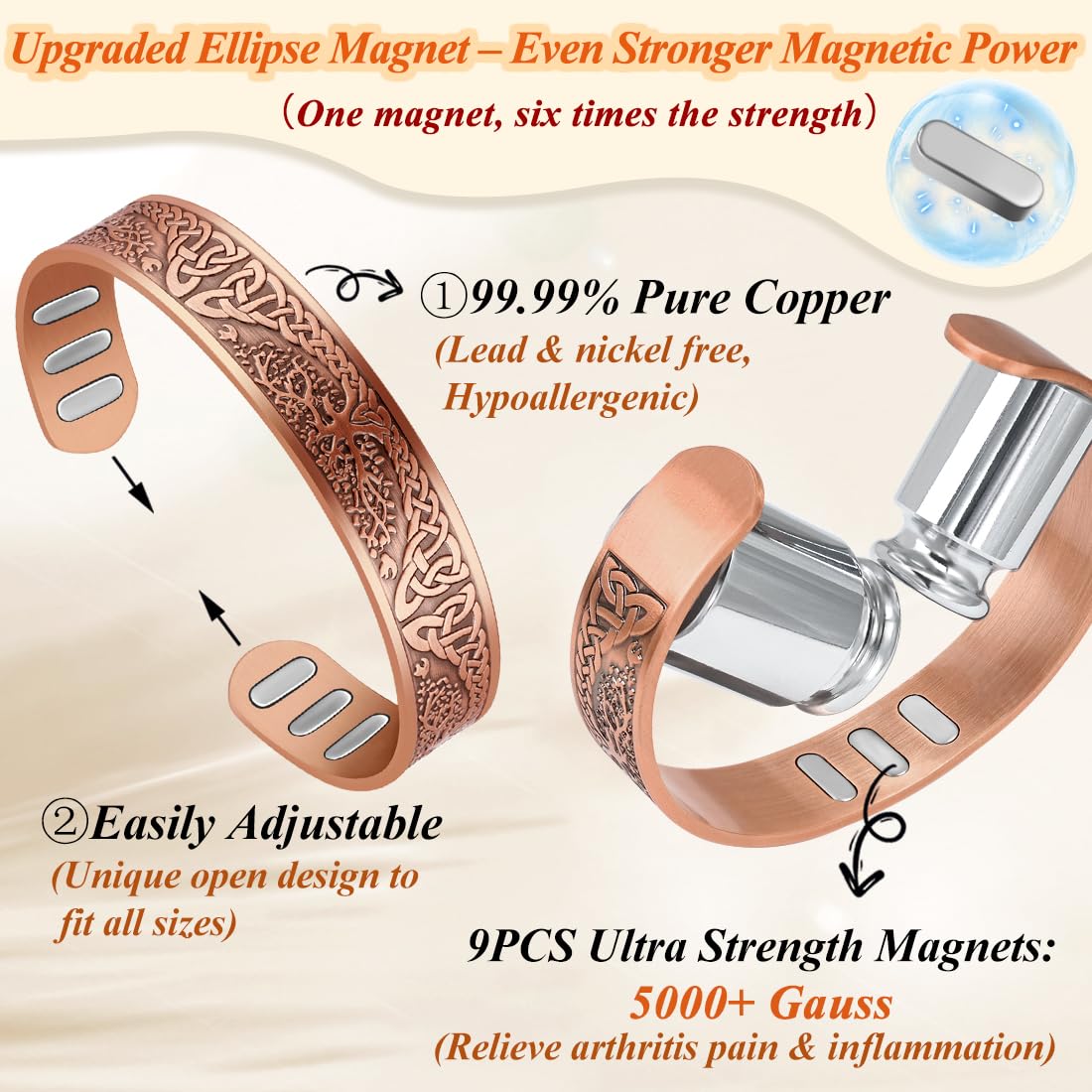 Cigmag Copper Magnetic Bracelet for Men, with Powerful 9X 5000 Gauss Magnets, Adjustable Solid Pure Copper (Enhanced Tree of Life)