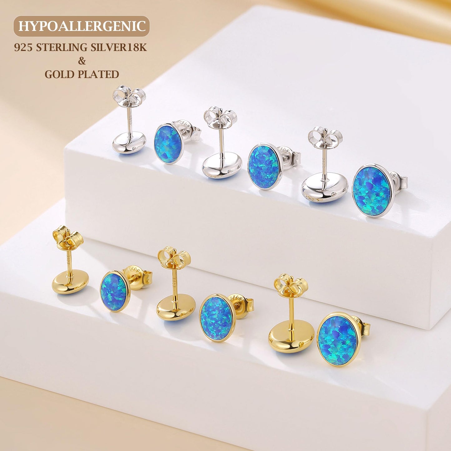 JiayangJY Silver Blue Fire Opal Stud Earrings for Women 18K Yellow Gold Plated Sterling Silver Oval Shape 6mm Opal Earrings with Push Back