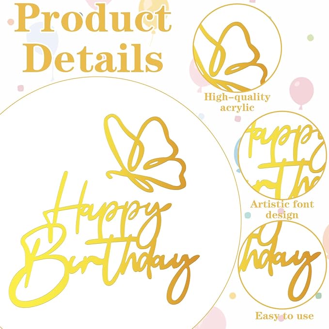 Gold Happy Birthday Acrylic Cake Toppers, 6 Styles