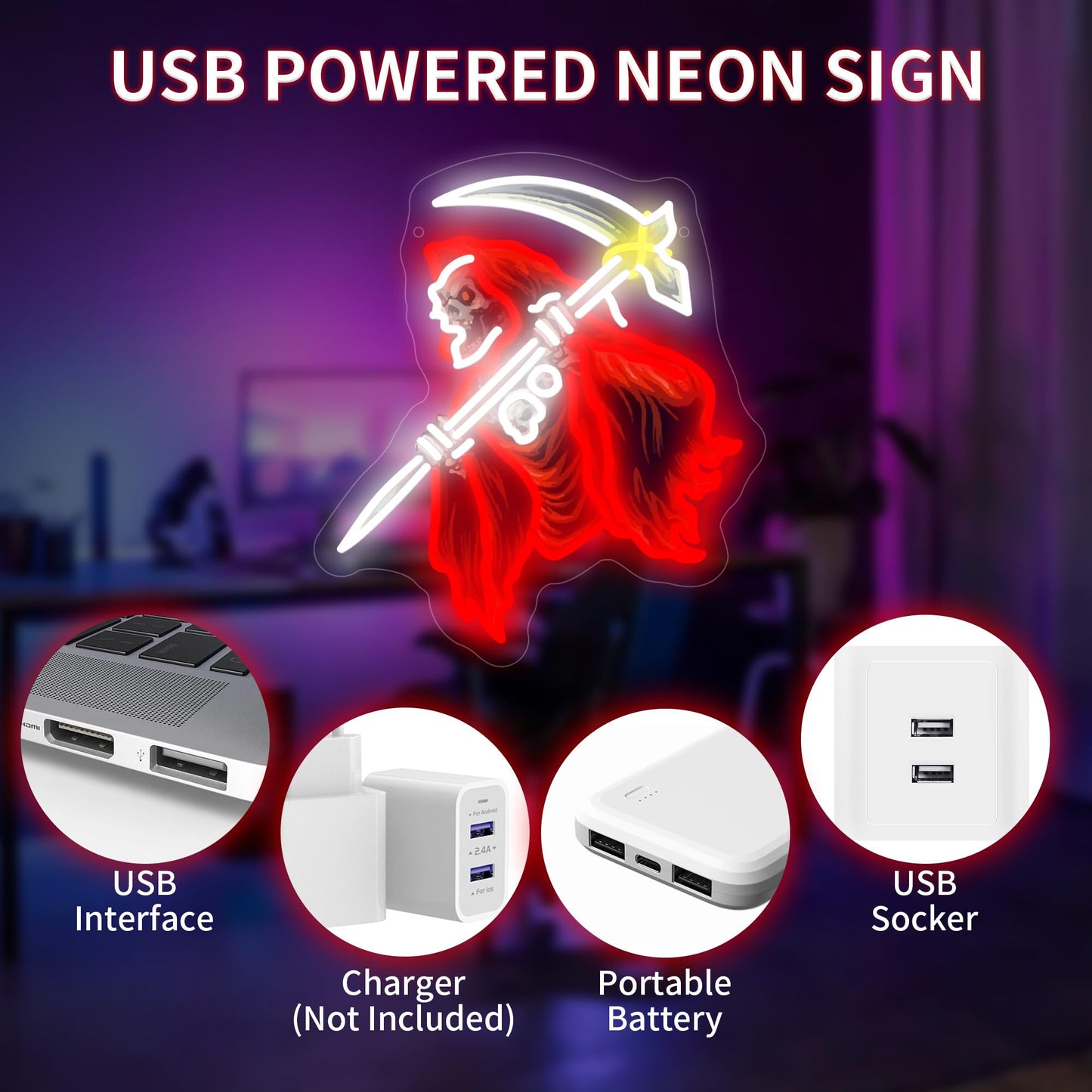 Skull of the Reaper LED Neon Sign USB Powered for Wall Decor, Horror Neon Night Light Sign Dimmable for Room Party Decor Halloween Birthday Gifts