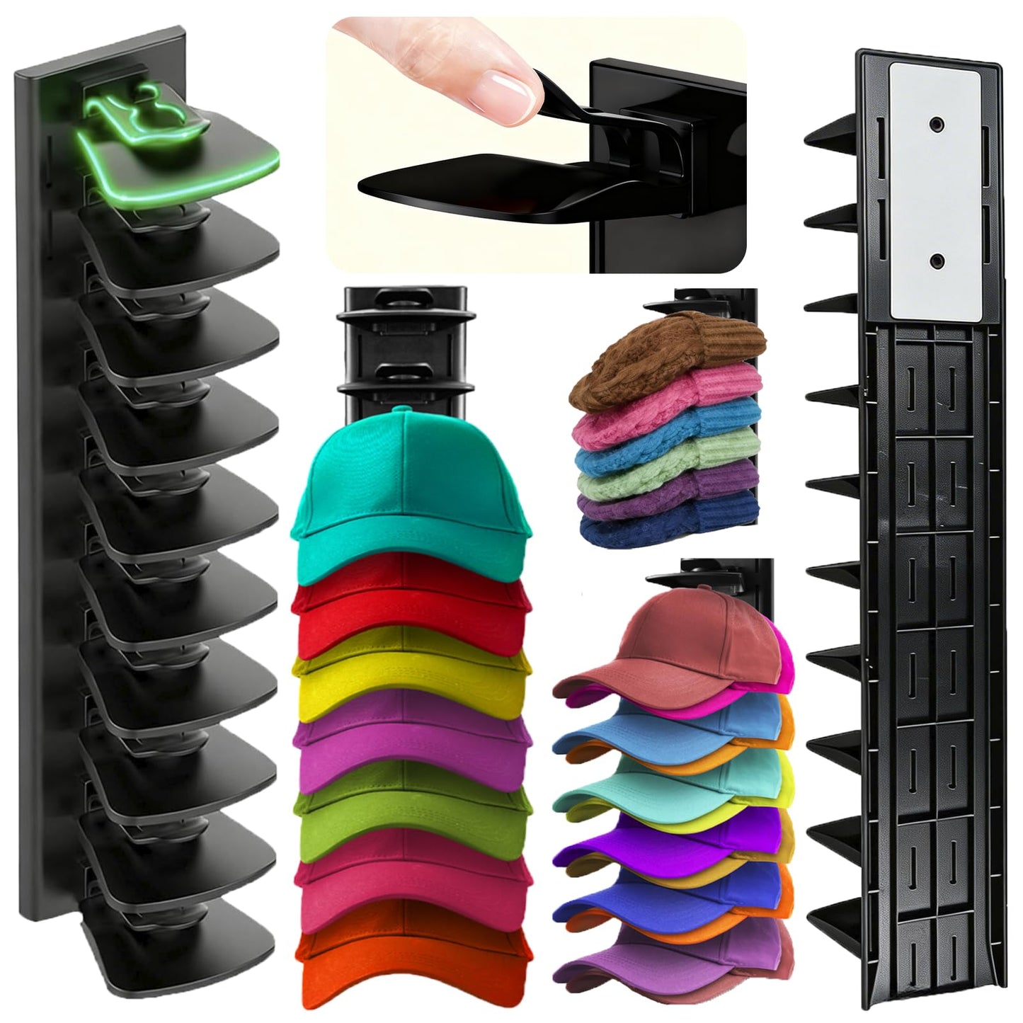 PCEEL 2Pack Upgraded Contour Fit Lock Hat Organizer for Baseball Cap,Hat Rack Strong Adhesive Hat Hangers for Wall Hold Up to 20 Hats,Multi-layer Hat Storage Display for Closet,Door Bedroom-Black