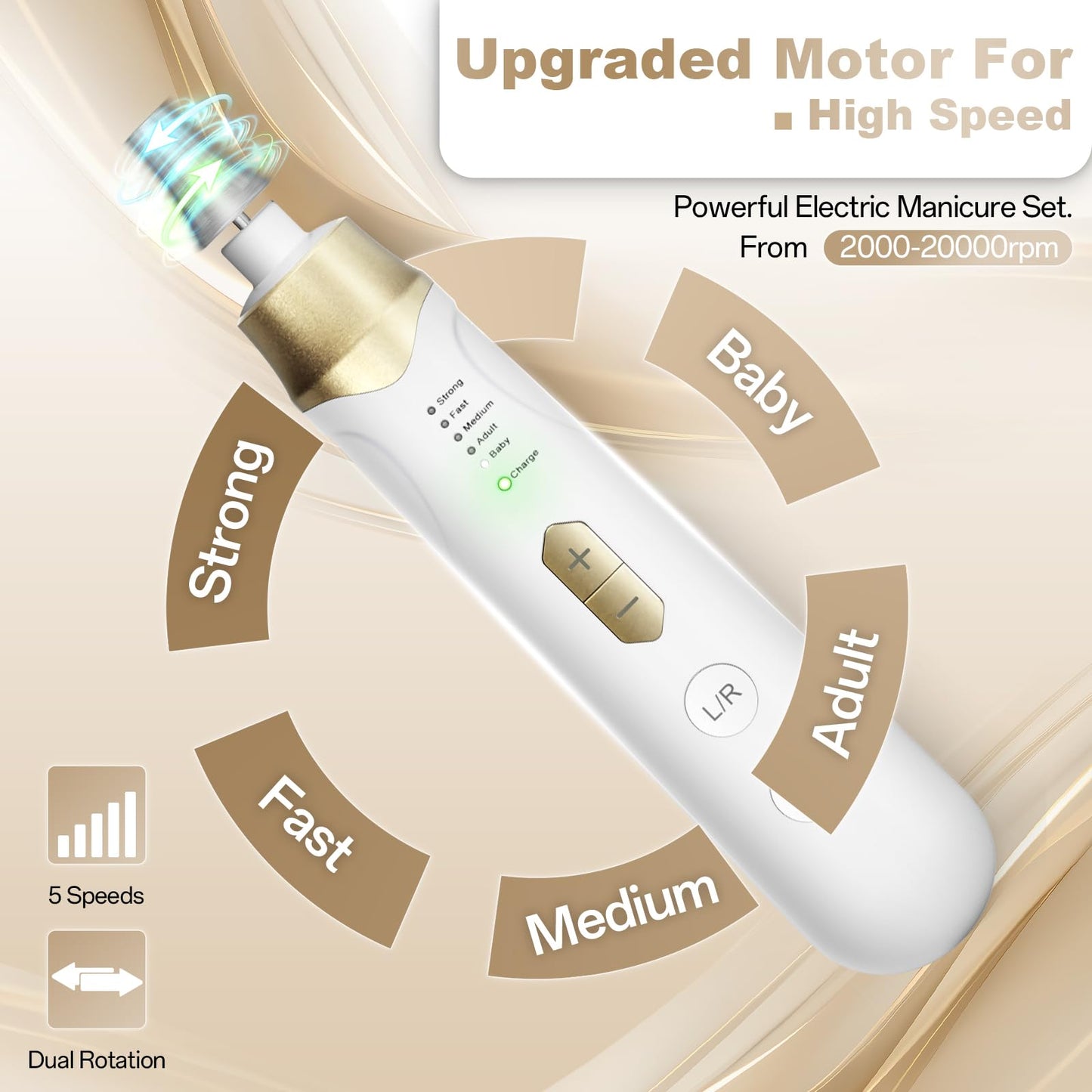 Electric Nail File Drill, Cordless 2000 mAh Rechargeable Nail Filer Electric, Portable Nail Dril Machine Drill for Nails Acrylic Manicure and Thick Toenails Buffer Grinder Care Professional (Golden)