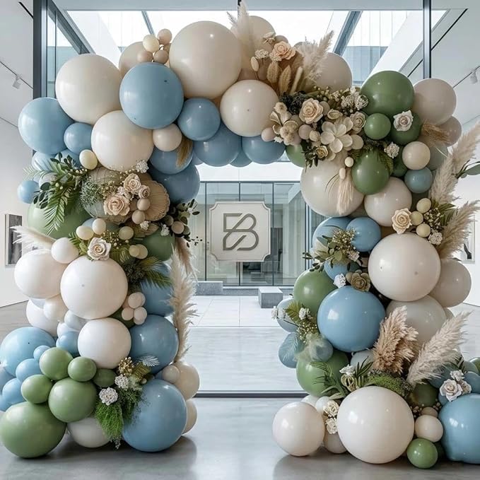 Dusty Blue & Avocado Green Balloon Garland Kit, Double Stuffed – Pastel Blue, Avocado Green & Off-White Latex Balloons for Jungle, Safari & Neutral Birthday