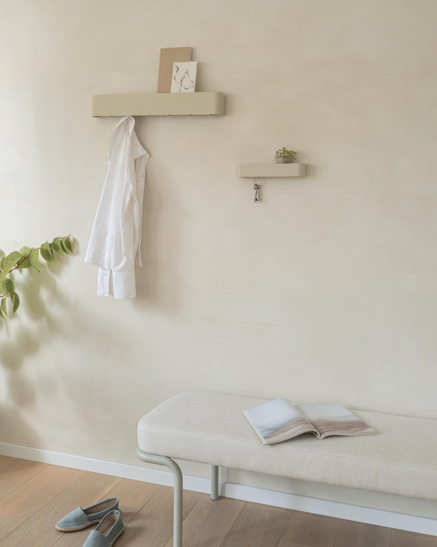 Kazai. Coat Rack Wall Mount with Shelf 'Tone' | Modern Design Coat Hanger with Hidden Hooks and Storage | Hat Rack with Shelf in Metal | Wall-Mounted Purse Organizer | Taupe