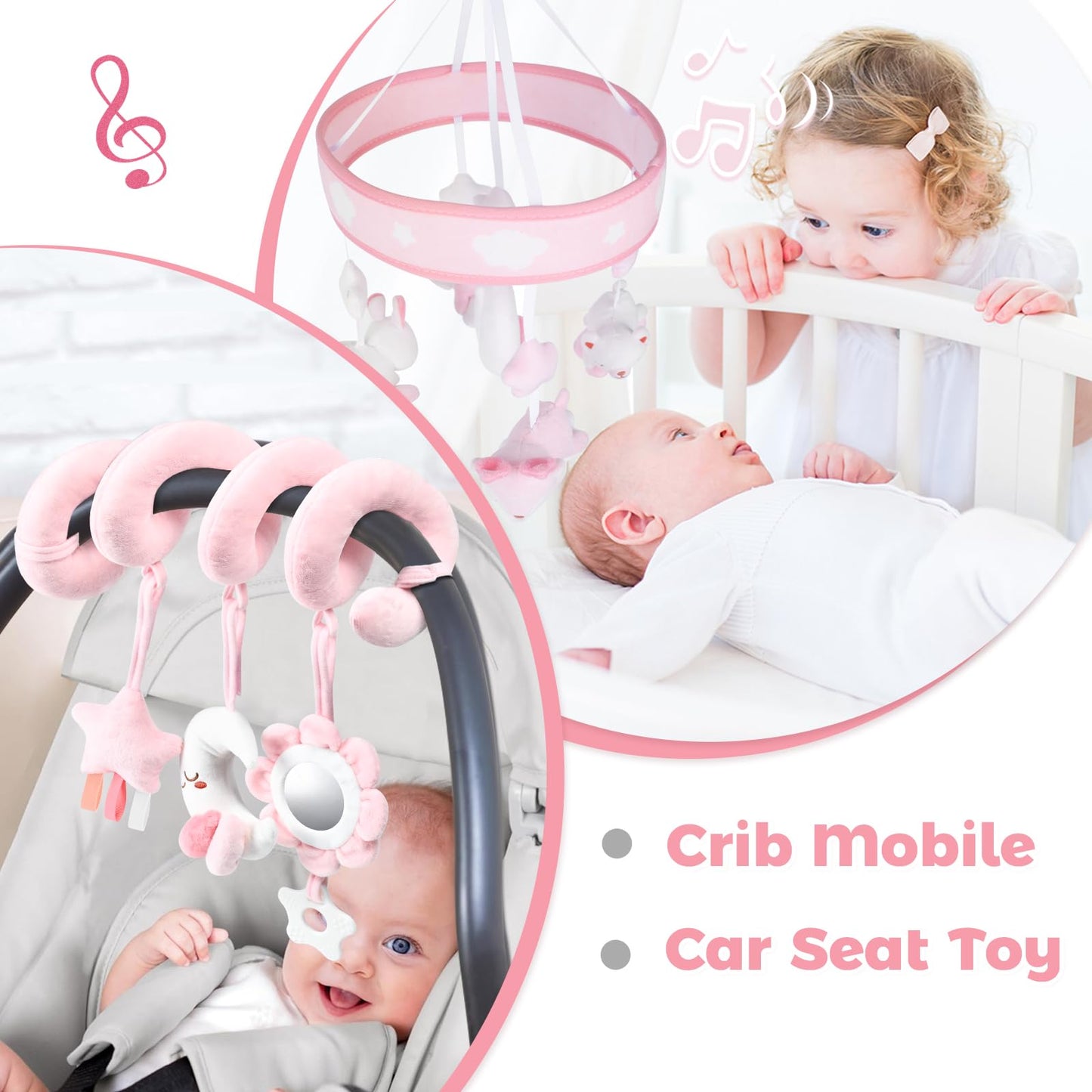 Yierchoo Baby Mobile for Crib with 12 Lullabies Digital Musical Box, Spiral Car Seat & Stroller Activity Toy, Pink Design for Nursey Decor