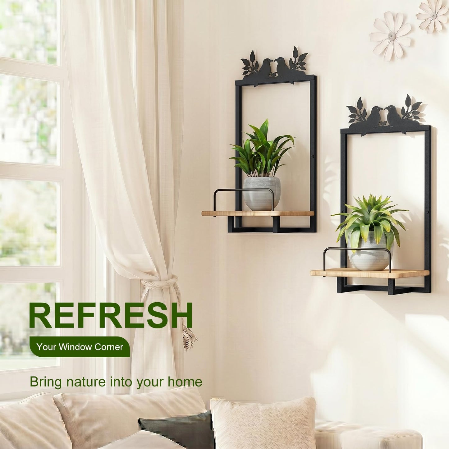Shineled Wall Planter for Indoor Plants 2 Pack, Wall Mounted Plant Holder for Small Plants, Floating Wall Shelf for Plants, Real Oak Wood, Magnetic Animal Decor, Home Wall Decor (Bird)