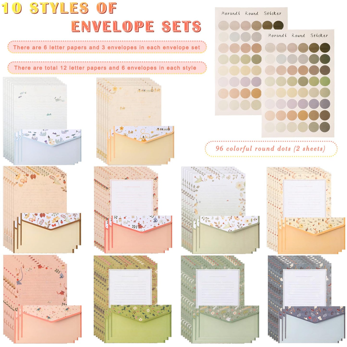 Laumoi 180 Pcs Stationery Papers and Envelopes Set Includes 60 Stationery Envelopes 120 Lined Stationery Writing Paper with 96 Colorful Round Dot Stickers, 10 Designs (Greenery)