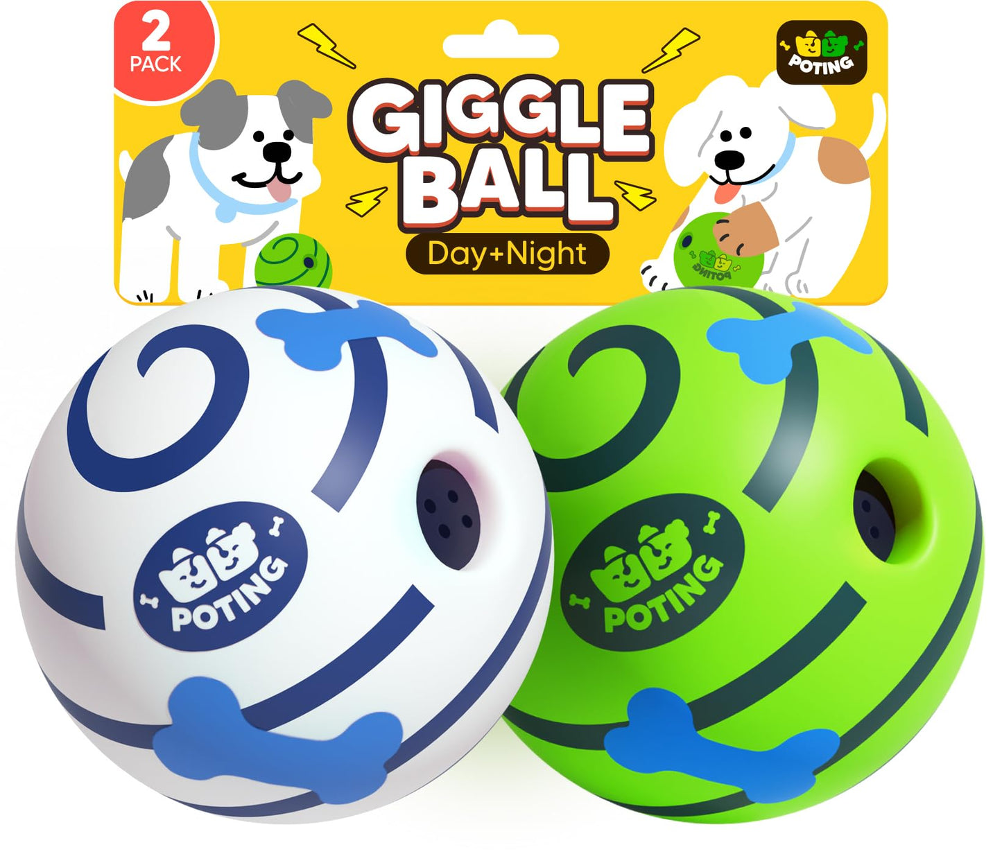 POTING Giggle Ball for Dogs 2 Pack, Glowing Interactive Dog Toys Balls, Rolling Squeaky Toy for Large Medium Small Dogs, Fun Giggle Sounds Attract Attention When Rolled or Shaken - 3.94 inch