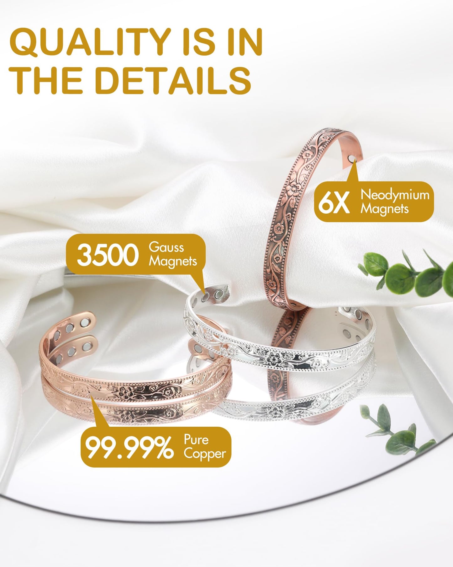 Feraco Copper Bracelet for Women, Magnetic Bracelets for Women, 99.99% Pure Copper Cuff Bangle with 3500 Gauss Magnets (Silver)