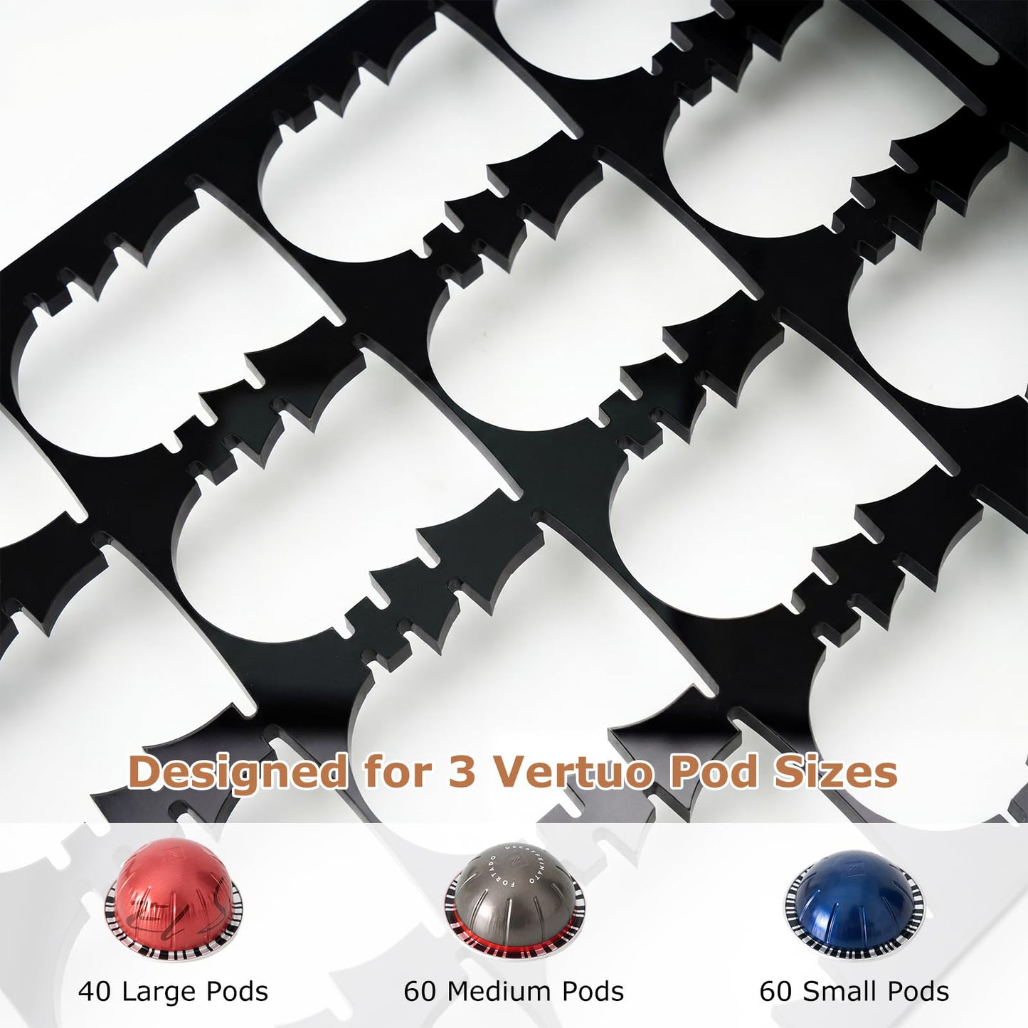 Acrylic Vertuo Pod Holder Drawer for Nespresso Vertuo, Coffee Pod Organizer for 3 Capsule Sizes, Holds 40 Large or Medium Pods / 60 Small Pods, Clear Coffee Pod Storage Drawer,Black