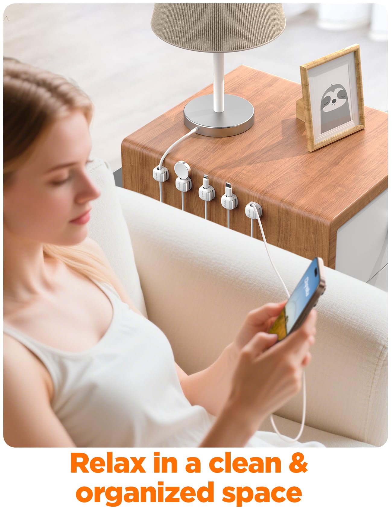 6Pack Cord Organizer, Chfeila Compact Dual Spring & Clasp Lock Cable Management Clips, Adhesive Phone Charger Keeper, Wire Holder for Nightstand/Wall/Car, Home Office Desk Accessories Decor Essentials