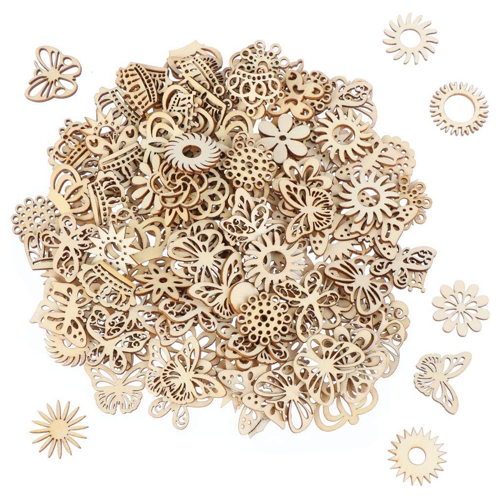 300Pcs Wooden Embellishments,Flower Butterfly Shape Wooden Cutouts Wooden Scrapbooking DIY Handmade Crafts Children Graffiti Home Decor Wooden Crown Pieces Discs Wood Slice Ornament Manual Accessories