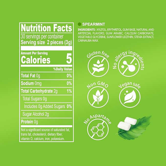 DC24 DAILY CARE Gum, Aspartame Free & Sugar Free Xylitol Chewing Gum with Erythritol, Low-Calorie, Sugarless, Spearmint, 50 Pieces (Pack of 3)