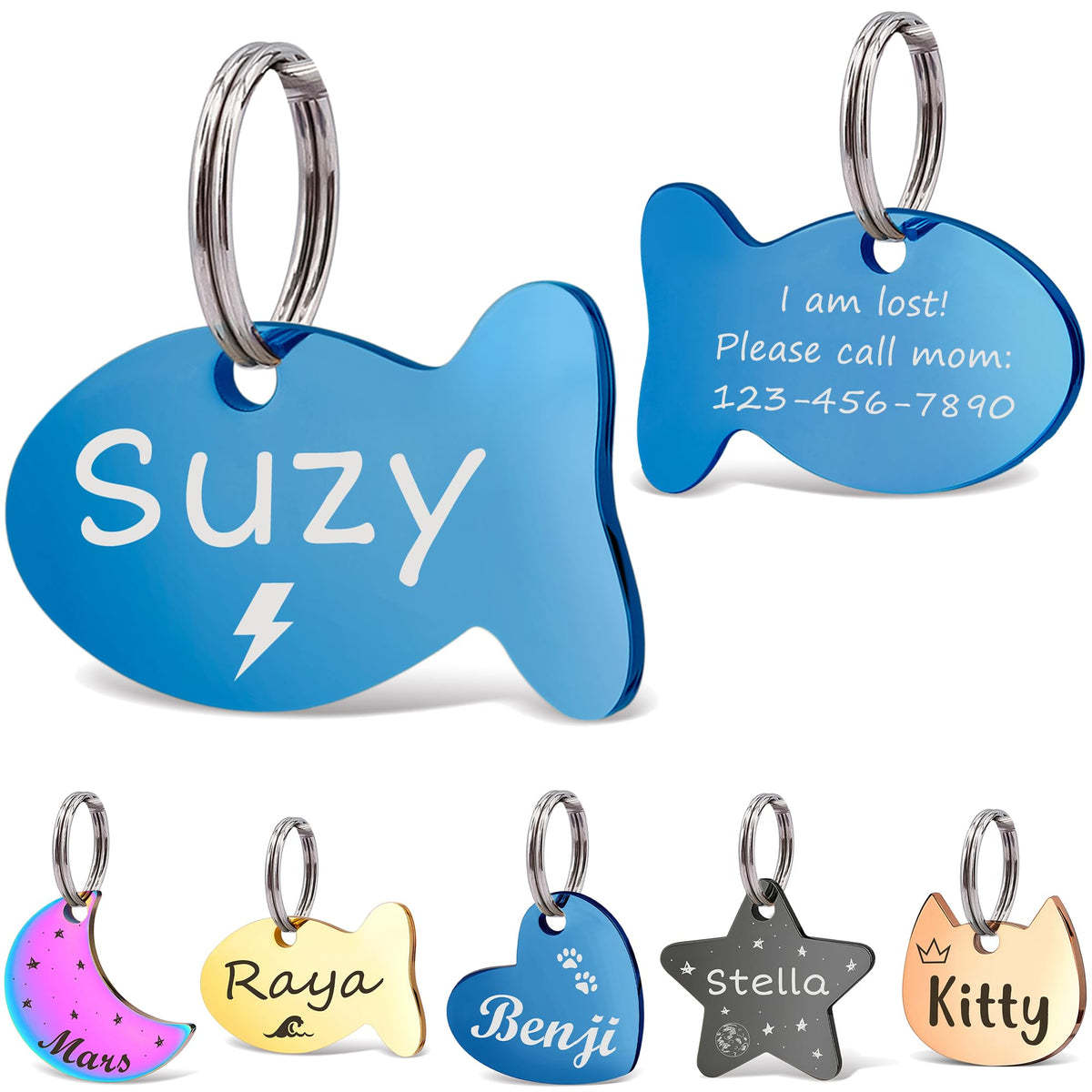 Anavia Small Size Dog Cat ID Tags, Small/XS Personalized Color Plated Stainless Steel Puppy Kitten Name Tags, Customized Engraved Nameplate Pet Collar Tag (Blue, Star)