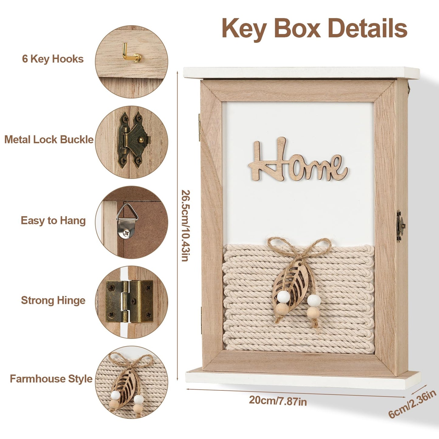GMPAJHL Key Holder for Wall, Rustic Wooden Wall Mount Key Box with 6 Hooks, Farmhouse Key Storage Organizer Key Rack for Entryway Hallway Office, Boho Home Decor