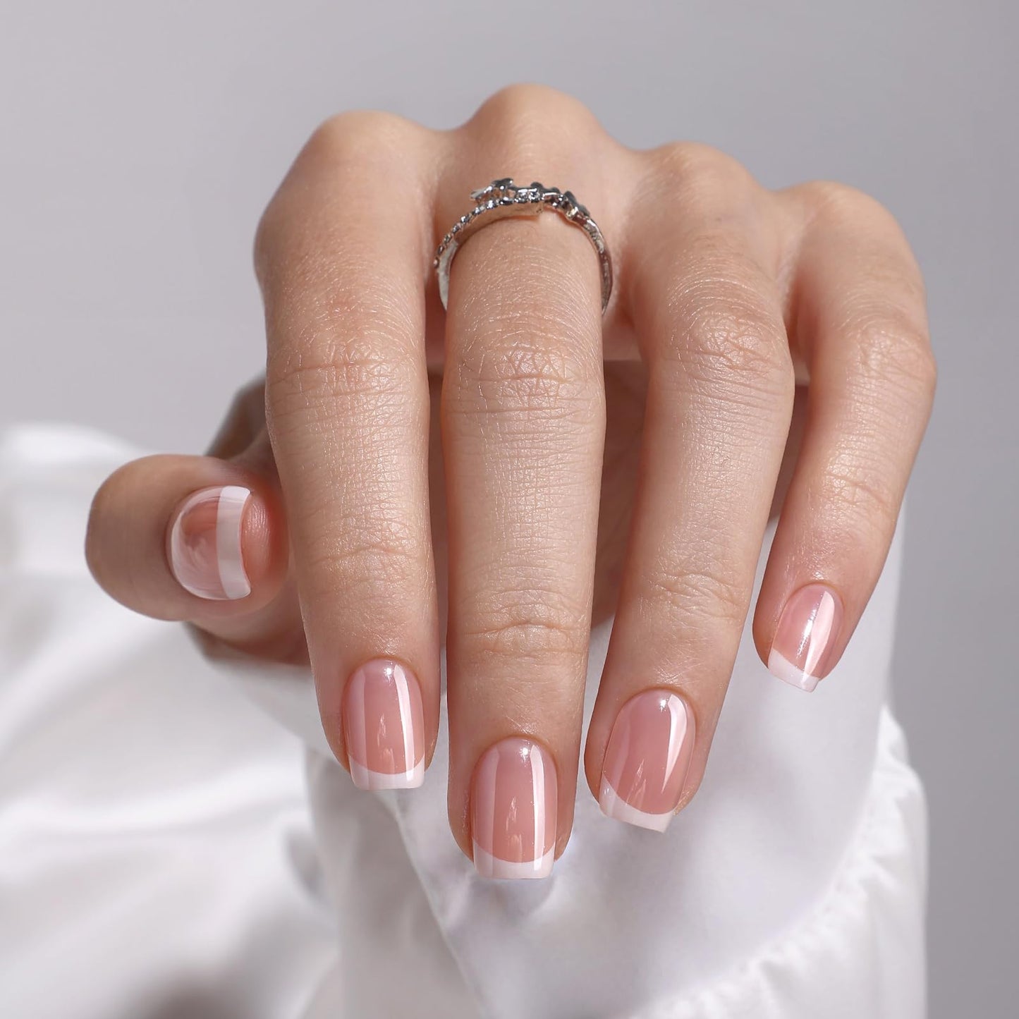 White French Tip Press on Nails Square - SHANGMENG Chrome Press on Nails Short for Women, Semi-Transparent Soft Gel Glue On Nails in 16 Sizes - 32 Fake Nails Kit with Glue, White Noise