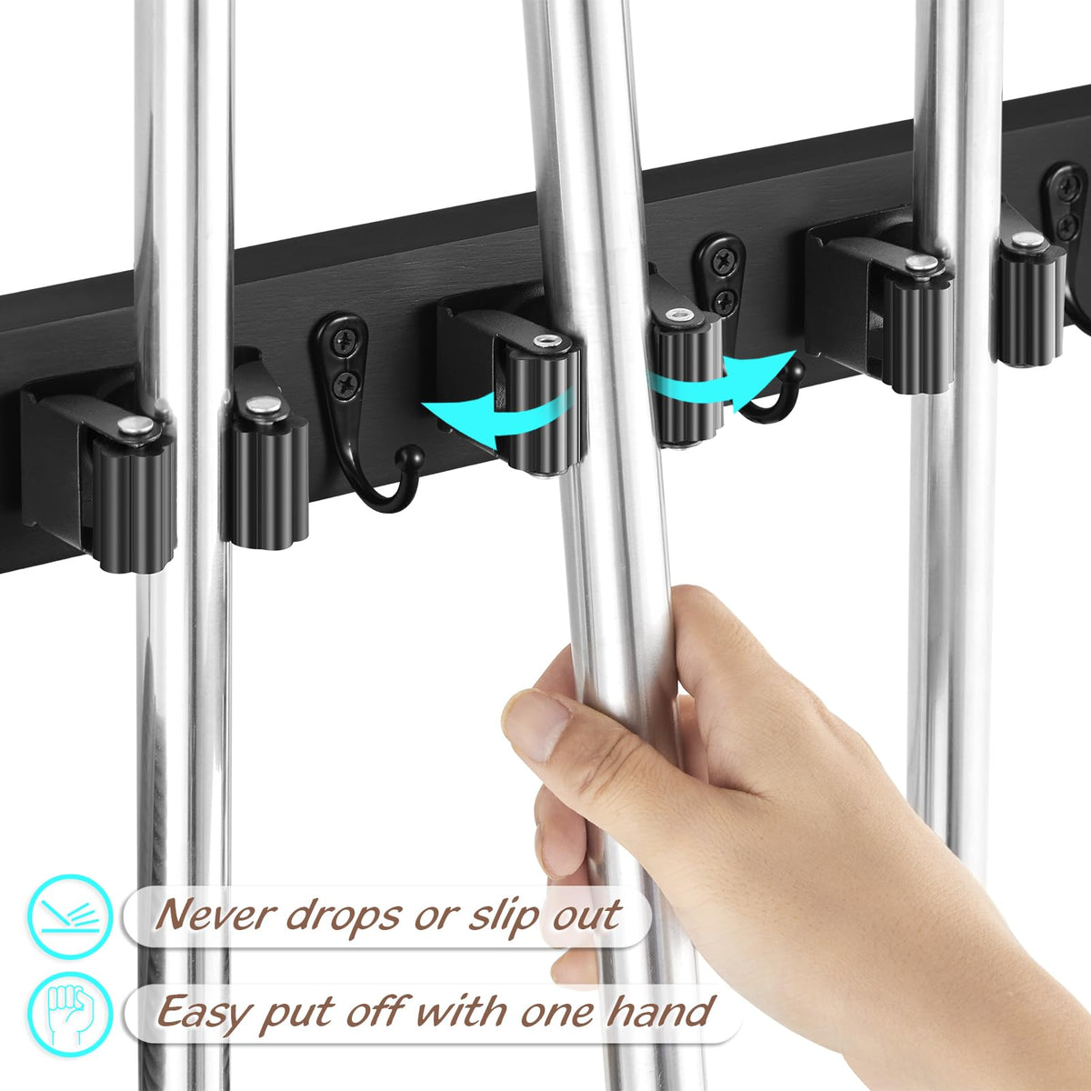 Black Mop Broom Holder Wall Mount with 4 Slots & 4 Hooks