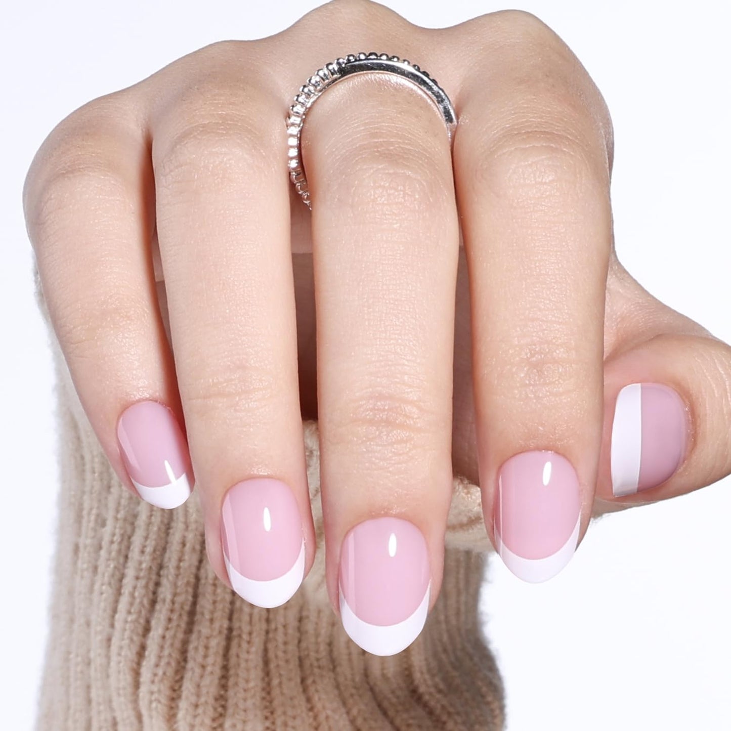 White French Tip Press On Nails Oval - Short Oval Fake Nails, White French Tip Press On Nails Reusable Stick On Nails in 16 Sizes, 32pcs False Nail Kit for Women & Girls