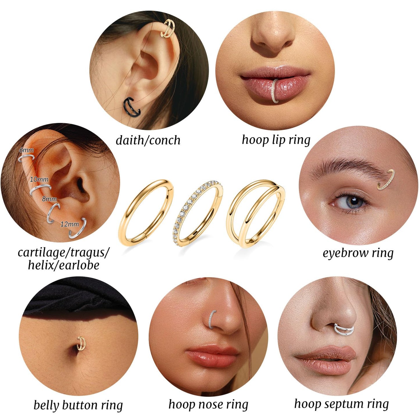 Conch Piercing Jewelry 16g Nose Hoop Double Hoop Septum Ring With CZ Clicker Surgical Steel Lip Rings Helix Earring Gold Cartilage 12mm