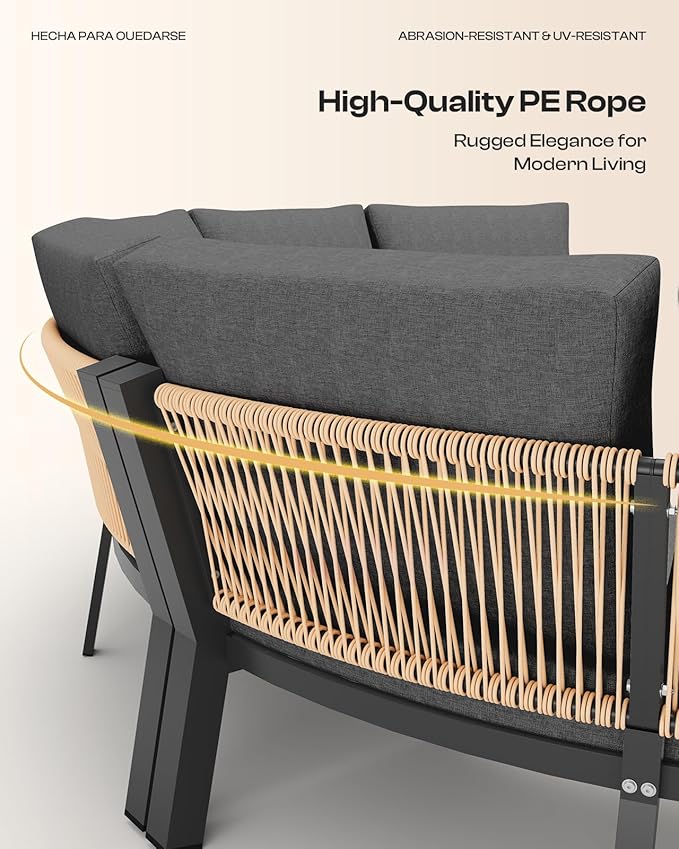 Outdoor Patio Furniture Set, 4 Piece Half-Moon Aluminum Patio Conversation Sets Curved Sofa with PE Rope, All-Weather Outdoor Sectional Sofas with Modular Coffee Table & Cushions, Graphite
