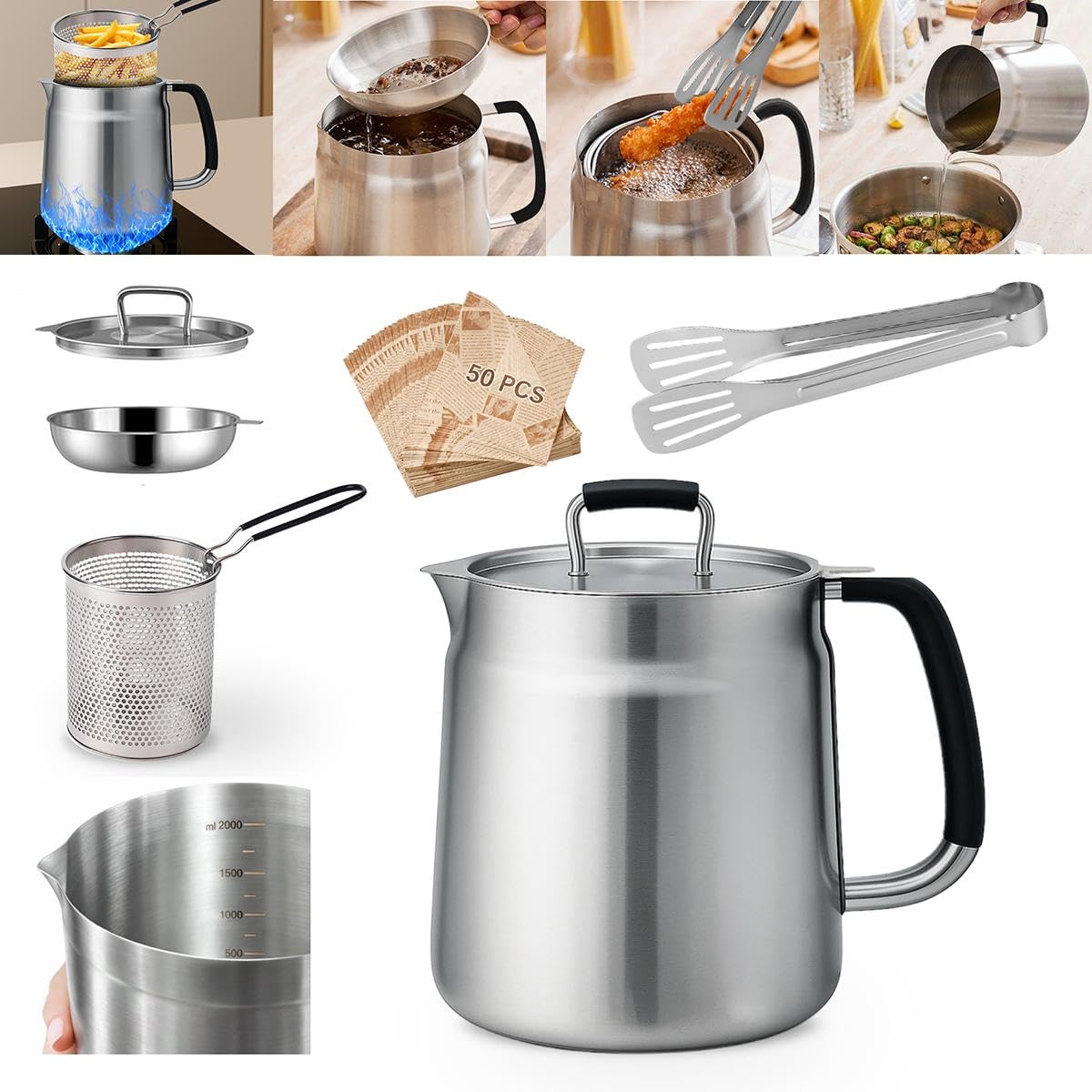 68oz 3-in-1 304 Stainless Steel Oil Filter Pot with Fine Mesh Oil Strainer & Tong, Heat-Resistant Handle, 2LCapacity Bacon Grease Container for Kitchen & Camping,Multi-Functional Frying Oil Container.