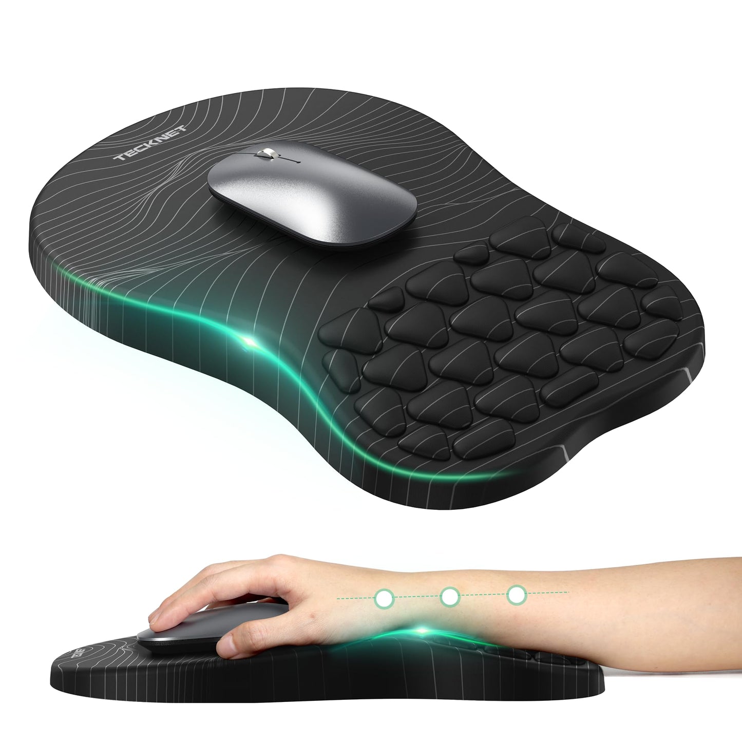 TECKNET Ergonomic Mouse Pad with Wrist Rest, Soft Mousepad with Massage Design, Memory Foam and Non-Slip PU Base for Pain Relief, Gaming Mouse Pad for Desk, Home, Office, 12x8 Inches, Black White
