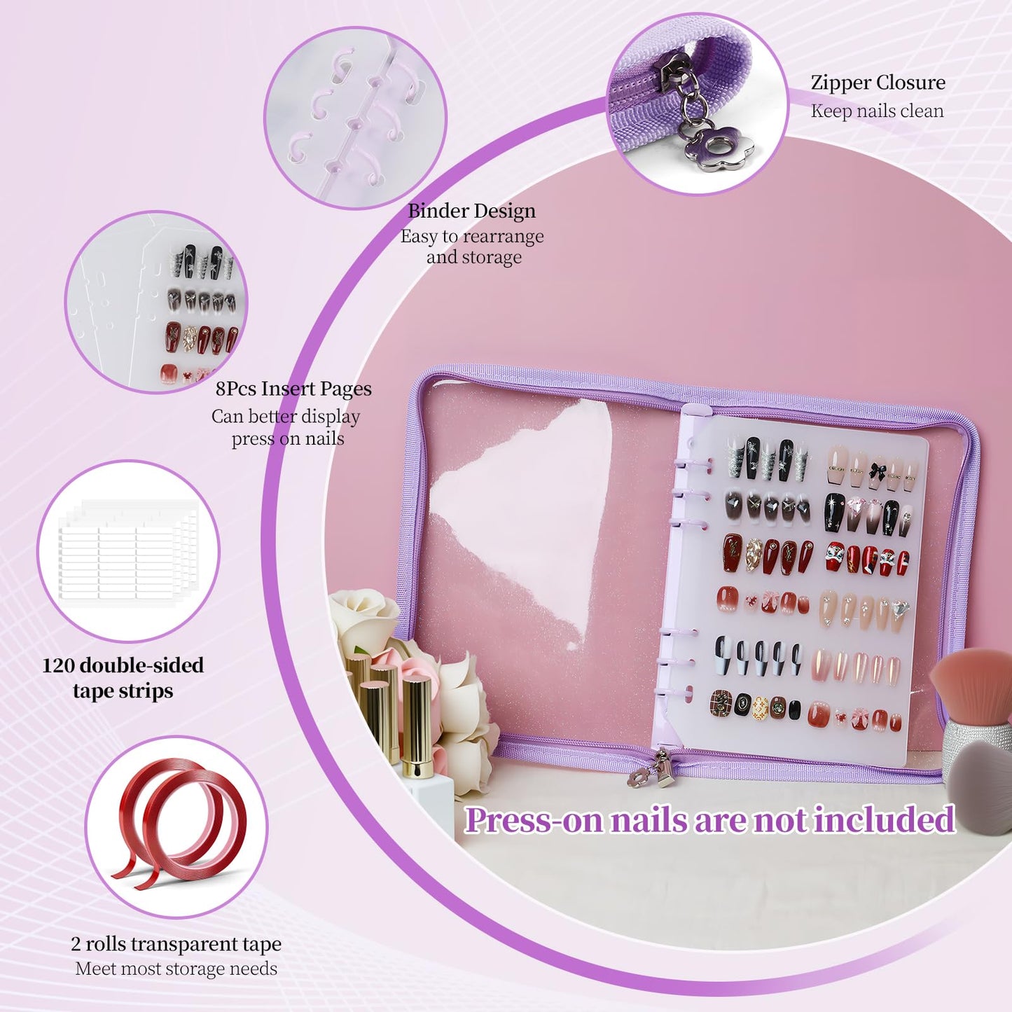 ASTONFOG Press on Nail Organizer Binder Book, 8 A5-Sized Insert Pages & Double Sized Tape, Press on Nails Display Storage Book, Reusable Fake Nail Swatch Collecting Book (Purple)