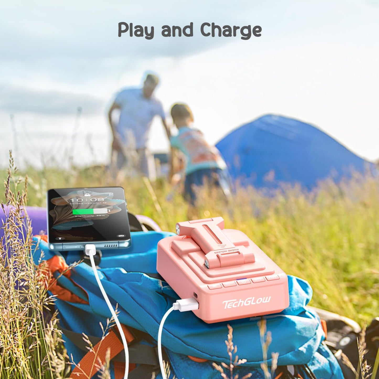 TechGlow Gifts for Men Women Foldable Cellphone Stand with Bluetooth Speaker and Charging Function 360° Rotatable Phone Stand Birthday Gift Idea for Mom Dad Cool Tech Gifts-Pink