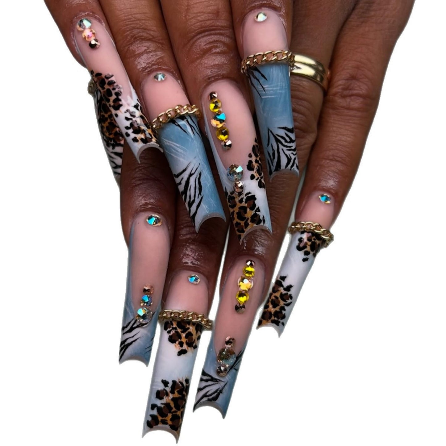 SEENEEY Long Press on Nails Square Fake Nails Blue Artificial Nail French Rhinestones and Leopard Designs Stick on Nail for Women 24pcs