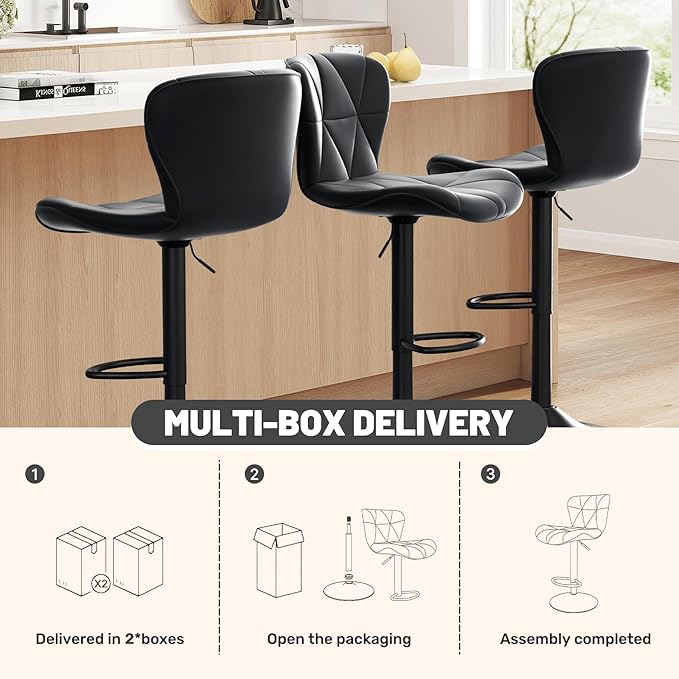 Bar Stools Set of 3,Adjustable Swivel Barstools, Faux Leather Bar Chairs,Upholstered Counter Height with High Backrest for Kitchen Island, Black