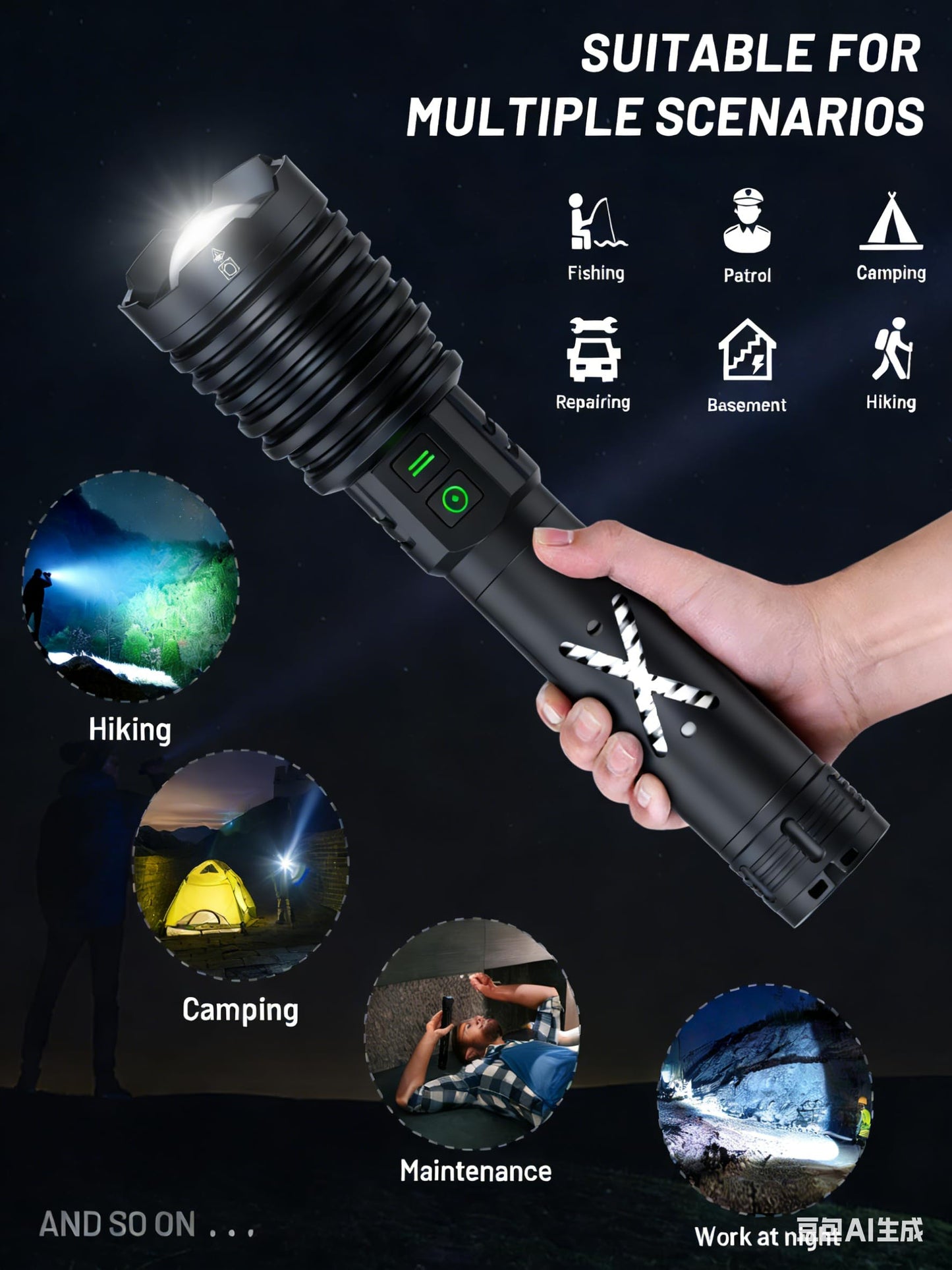 Amzyigou Super Bright Flashlight 2600,000LM High Lumens Rechargeable, USB C Charge/Discharge, 30H+ Runtime, 6 Modes, Zoomable Focus, Dual Buttons, Premium Gift for Home Camping Emergency (Casual)