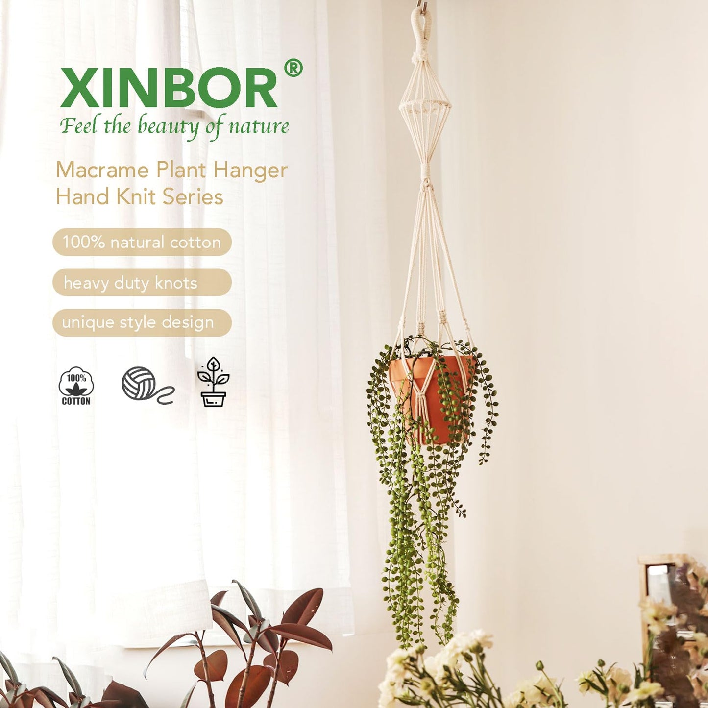 XINBOR Hourglass Floating Macrame Plant Hangers 2 Pack Handmade Cotton Rope Hanging Planters Basket with S Hooks, Diamond Openwork Boho Home Decor for Indoor Outdoor, Plants Holder 35" & 39” (White)
