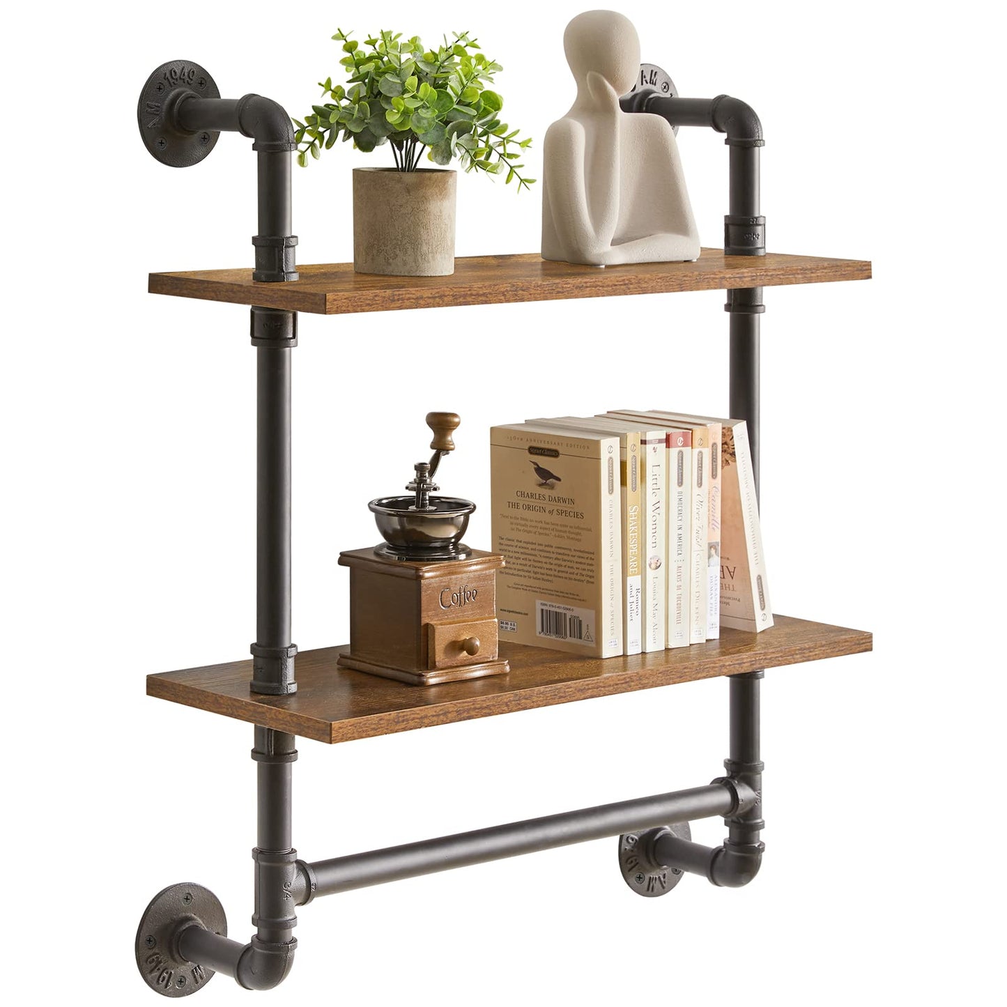 YMYNY Industrial Pipe Shelf Bracket, 2 Tiers Retro Wall Mounted Floating Shelf, Wood Look DIY Storage Shelving Bookshelf, UHRF-TM014