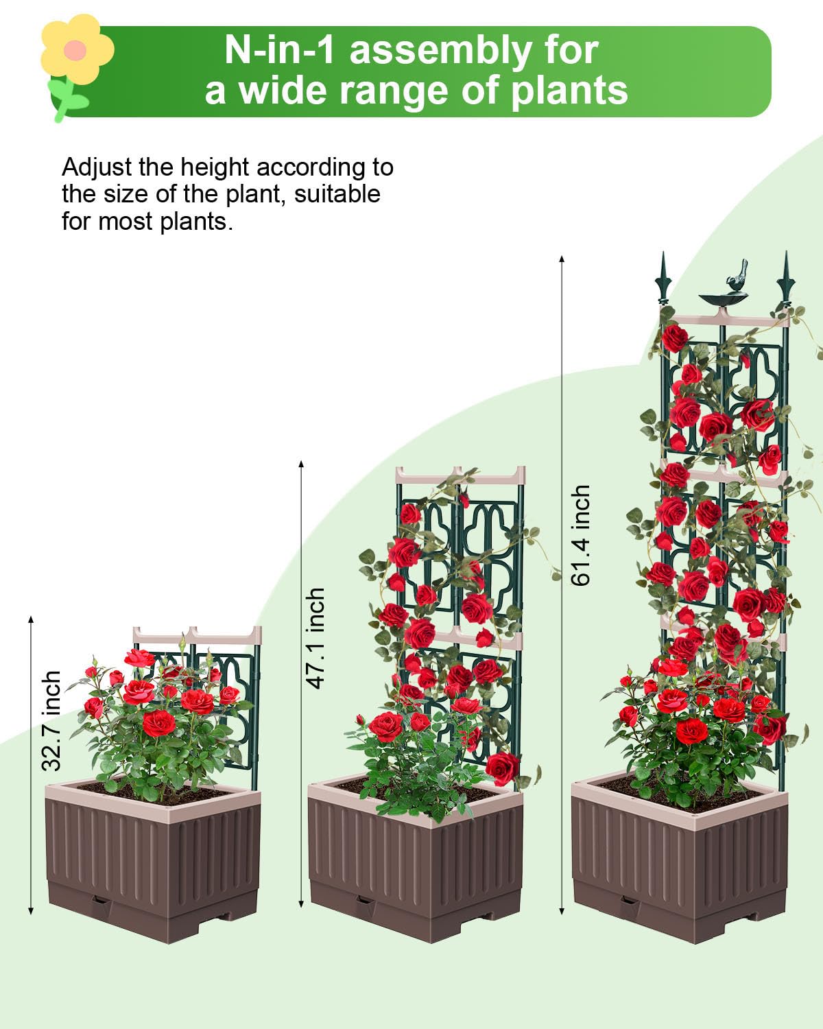 MQHUAYU Raised Garden Bed Planter Boxes with Trellis,61.4" Self-Watering Trellis with Planter Box for Climbing Plants Flowers Vegetables,Use for Indoor Outdoor