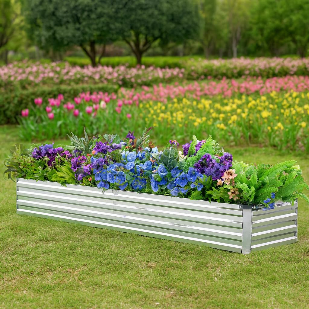 Meberam 2 Pack 8x2x1FT Galvanized Raised Garden Beds Kit Outdoor Metal Gardening Planter Box for Vegetable Elevated Flower Herbs,Silver