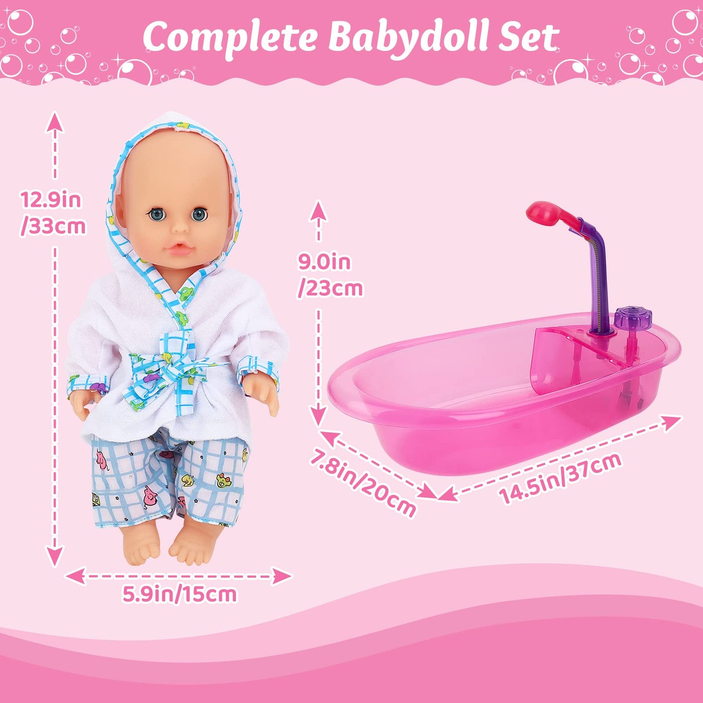 deAO Baby Doll Set with Bathtub,11PCS Doll Bath Set - Real Working Bathtub with Detachable Shower Spray,Toy Gift Set for 3+ Years Old Kids